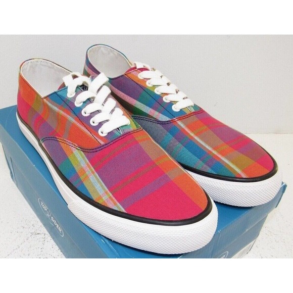 Mens Sperry Top-Sider Cloud CVO Deck Sneakers Plaid Pink Canvas - NWT - STS22337 - Picture 1 of 6